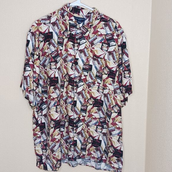 Ivy Crew Mens Hawaiian Shirt L Red Tropical Cocktail Floral Button Up Rayon - Picture 1 of 8